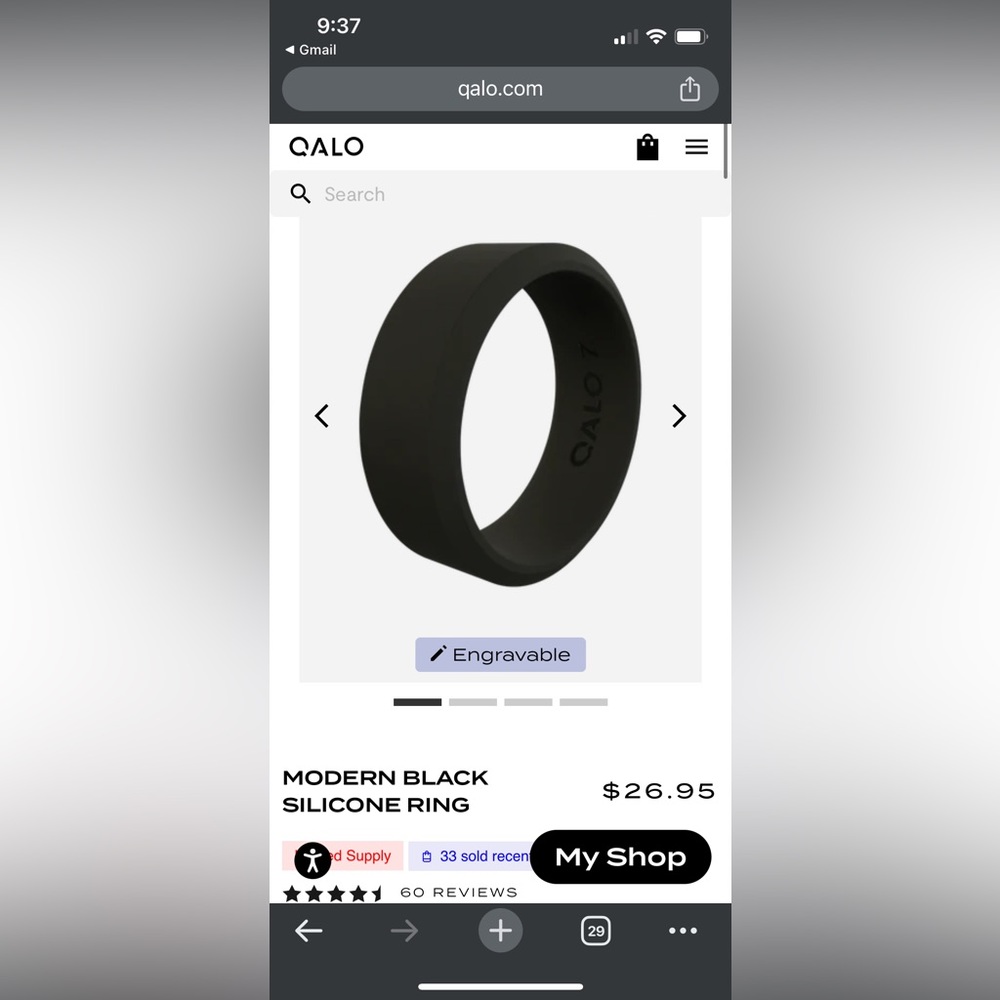 Brand new Qalo men’s black silicone ring size 9